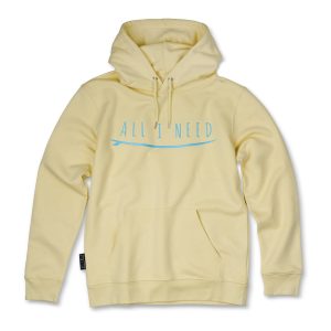 One Wave Hoodie - ALL I NEED Sunny Yellow, klassisch geschnittener Hoodie aus Biobaumwolle und recycelten Polyester. All I Need Stick auf der Brust.