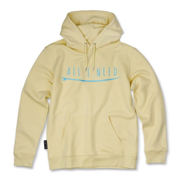 One Wave Hoodie - ALL I NEED Sunny Yellow, klassisch geschnittener Hoodie aus Biobaumwolle und recycelten Polyester. All I Need Stick auf der Brust.