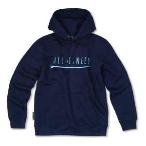 One Wave Hoodie - ALL I NEED Navy Blue, klassisch geschnittener Hoodie aus Biobaumwolle und recycelten Polyester. All I Need Stick auf der Brust.
