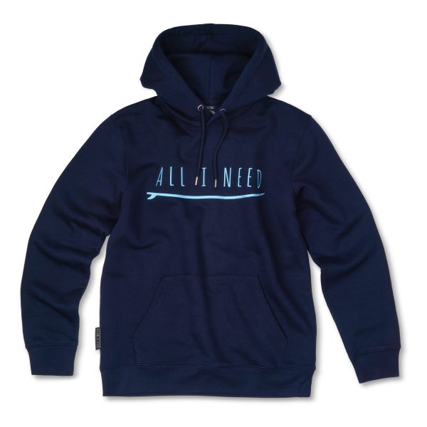 One Wave Hoodie - ALL I NEED Navy Blue, klassisch geschnittener Hoodie aus Biobaumwolle und recycelten Polyester. All I Need Stick auf der Brust.